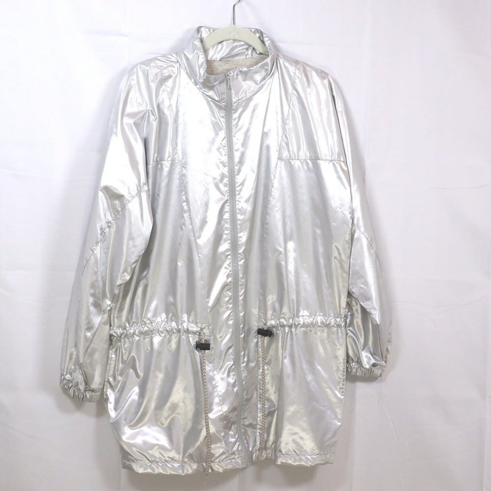 Gilda Marx Windbreaker Jacket‎ L Silver Womens Metallic Vintage 80s Parka